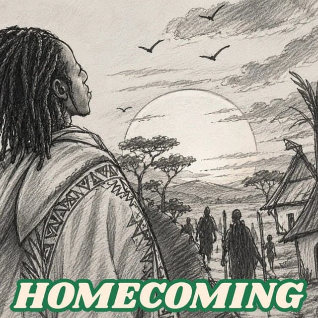 Cover of Homecoming: a pencil drawing of a man walking home to his village