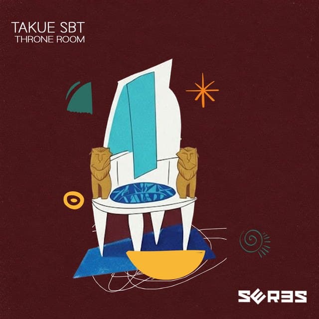 Cover of Throne Room: a carved throne in blue, cream and gold on maroon